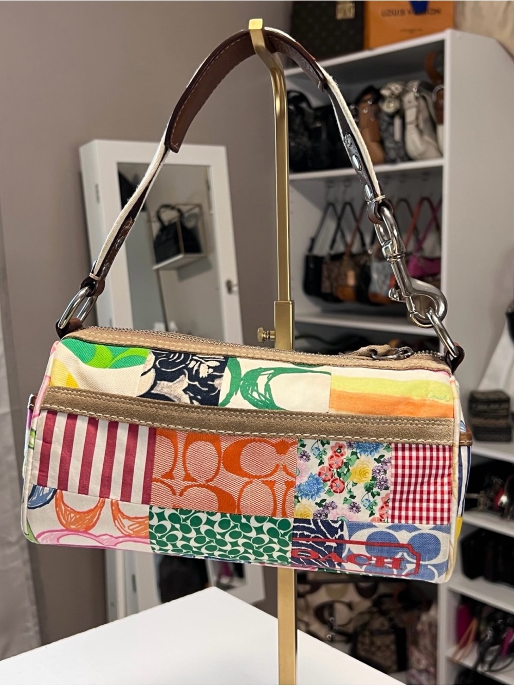 Coach Hamptons Scribble Multicolor Patchwork Barrel Shoulder Bag - Picture 4 of 11